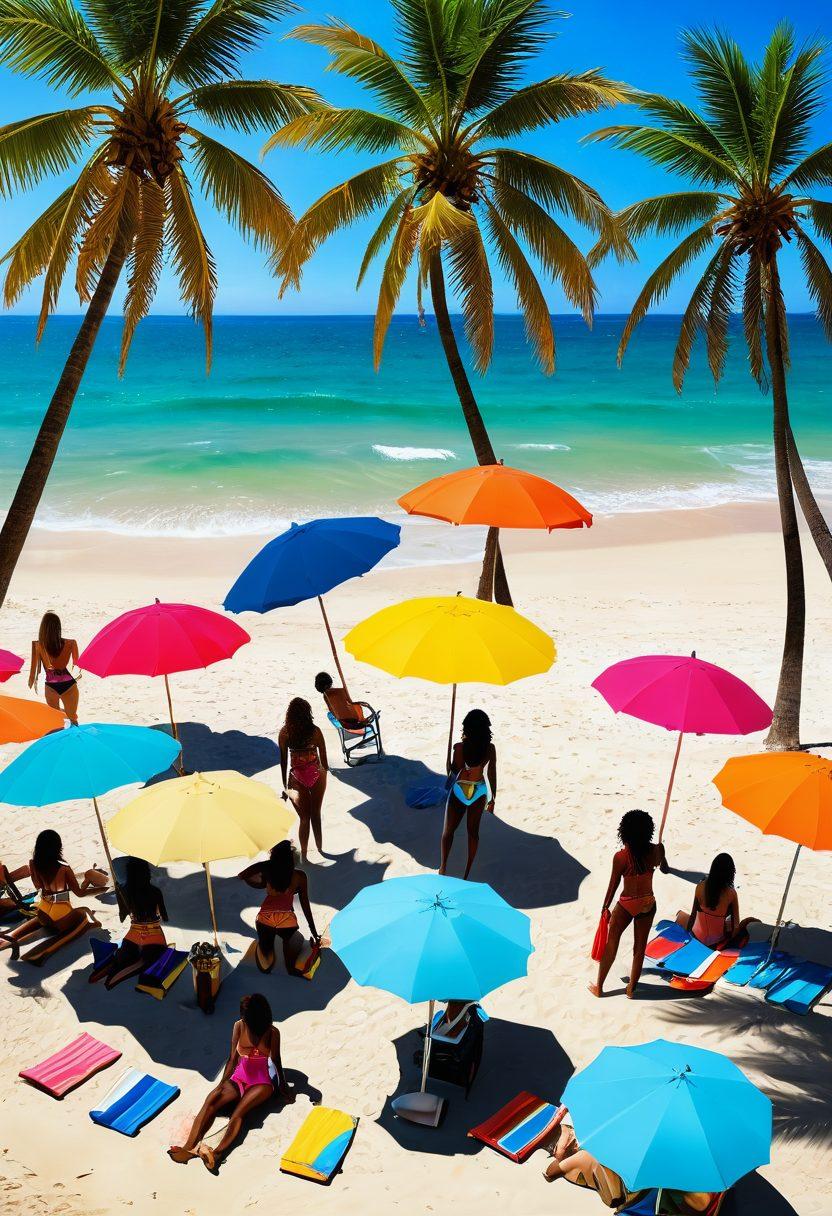 A vibrant beach scene featuring a diverse group of stylish people wearing trendy bikinis and beachwear. Include colorful beach umbrellas, palm trees, and crystal-clear waves in the background. Emphasize the latest swimwear trends with dynamic poses and joyful expressions. The composition should convey a sense of fun and summer adventure. sunny colors. super-realistic. tropical vibe.