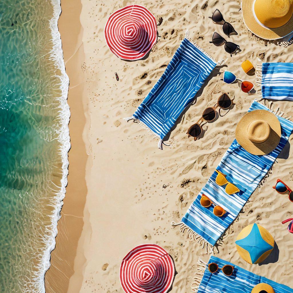 A vibrant beach scene showcasing a diverse array of stylish bikinis and beachwear accessories, such as wide-brimmed hats, colorful sarongs, and trendy sunglasses. The setting includes golden sandy beaches, clear blue waves, and a bright sun in a cloudless sky, with people lounging and enjoying summer fun. The image should convey a sense of relaxation and joy, highlighting the latest summer trends. tropical colors. super-realistic. sunny atmosphere.